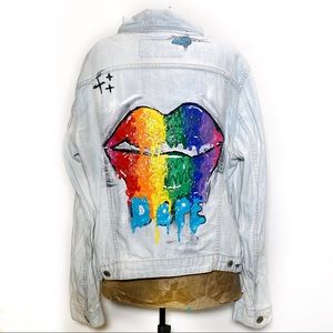 Hand Painted GAP XL Rainbow Lips Jean Jacket